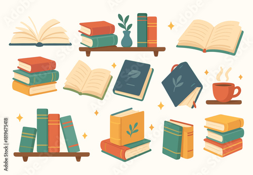 Cozy Books and Coffee Illustration Set – Stacked Books, Book Shelf, Reading Icon, Warm Cup, Vintage Library Clipart