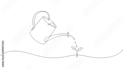 Continuous line drawing of a watering can pouring water onto a small seedling growing from the earth isolated on transparent background