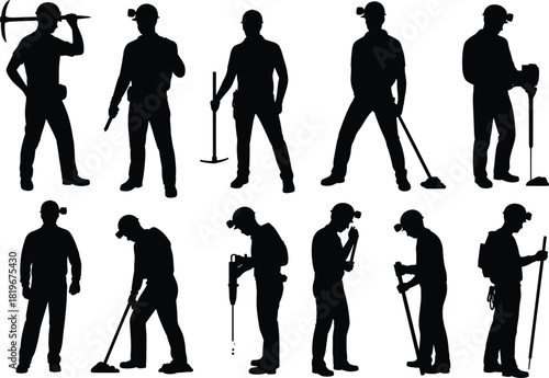 Mining worker silhouettes collection, underground miners with pickaxe drill shovel tools, industrial excavation labor poses, safety helmet vector icon set