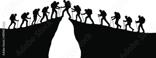 Mountain hiking teamwork silhouettes helping across gap adventure climbing expedition outdoor trekking teamwork leadership challenge vector illustration isolated background
