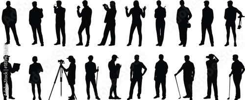 People silhouette collection, photographers and workers in action poses, standing men and women characters, professional lifestyle black vector illustration set