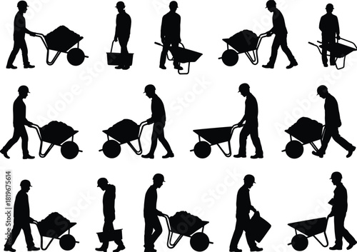 Construction worker silhouettes pushing wheelbarrow, laborer transport icon set, building industry manpower illustration, heavy load carrying men vector collection set