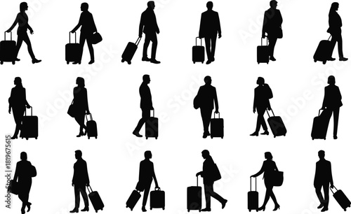 Travelers with luggage silhouette collection, people walking with suitcases, business and tourism passengers, airport journey black vector illustration set