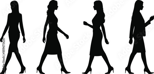 Walking woman silhouettes collection in different poses high heel fashion style urban lifestyle female model vector illustration isolated white background