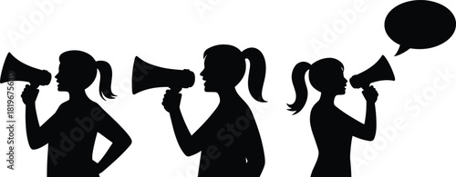 Woman megaphone silhouettes collection with speech bubble communication announcement protest marketing voice message vector illustration isolated white background design