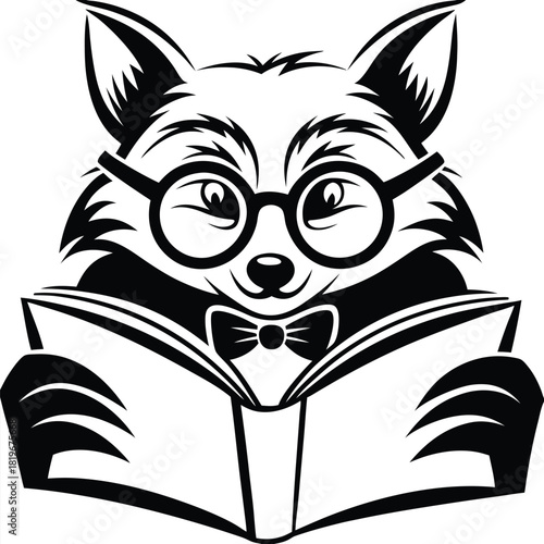 Fox wearing spectacles and a bow tie is engrossed in reading an open book