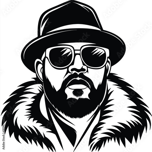 Confident man with beard and glasses wearing a hat and fur collar looks powerful