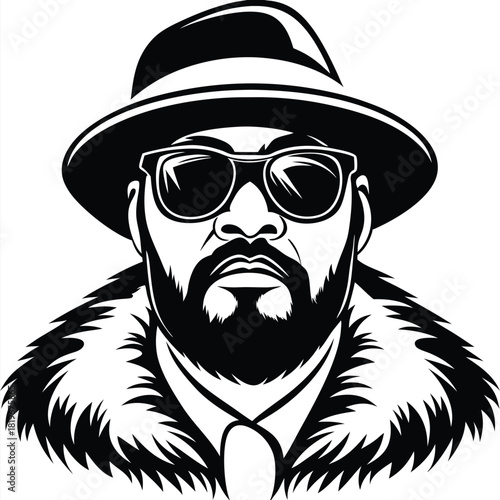 Confident man wearing fedora and sunglasses exudes style with his fur collared coat here