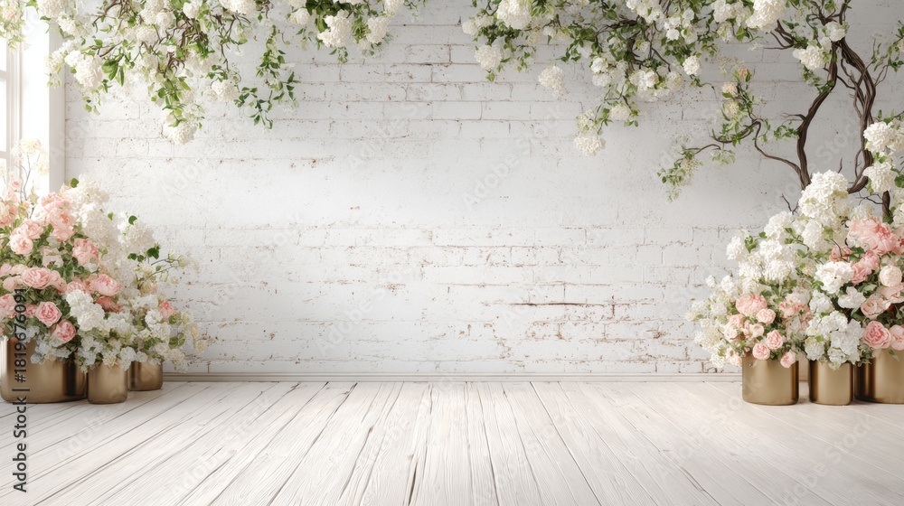Fototapeta premium Soft pastel flowers create a serene backdrop in a bright space perfect for celebrations.