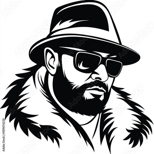 Confident man with a beard wears a hat and fur coat in monochrome