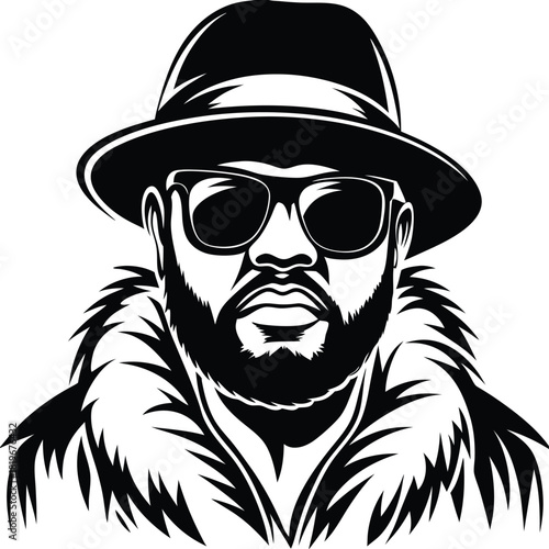 Black and white portrait depicts an African American man with a fur coat and fedora