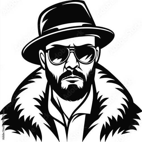 Confident man with beard wearing a hat and fur coat stares intensely forward