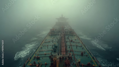 Tanker Navigating Through Foggy Morning Haze in Surreal Maritime Scene