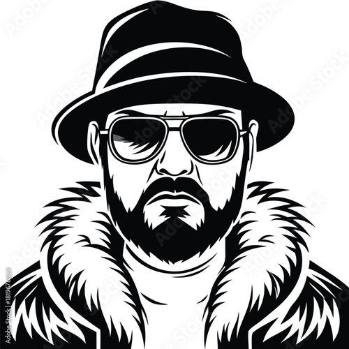 Black and white illustration of a man wearing sunglasses, hat, and fur collar exudes style