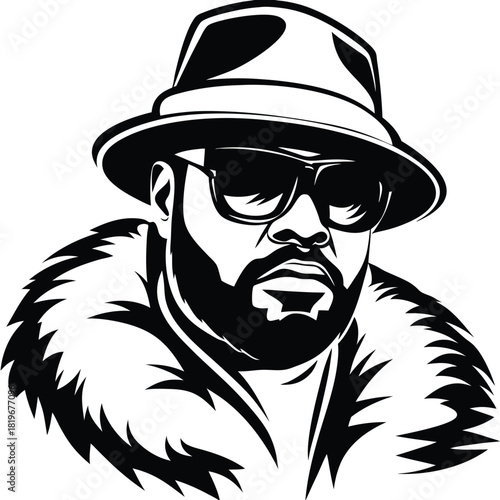Confident African American man sports a fur coat, sunglasses, and a fedora style hat