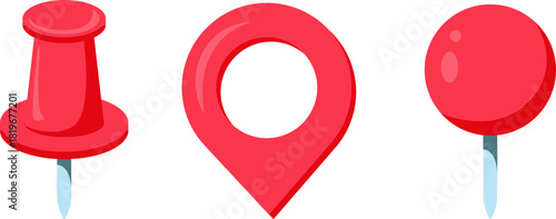 Red pin, map markers showcasing location, navigation, and identification uses. Vector illustration. Perfect for GPS