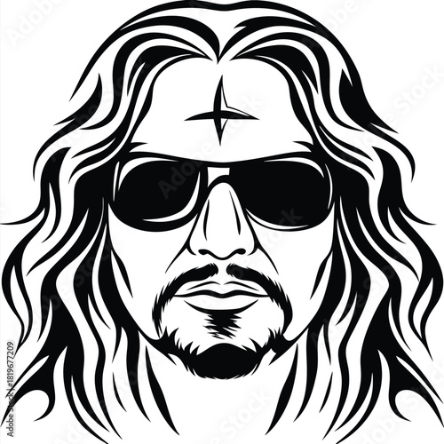 Man with sunglasses and long hair displays a cross symbol on his forehead
