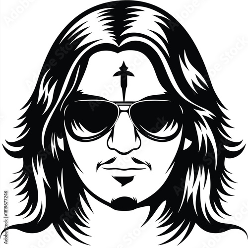 Black and white illustration shows a man wearing sunglasses with long flowing hair