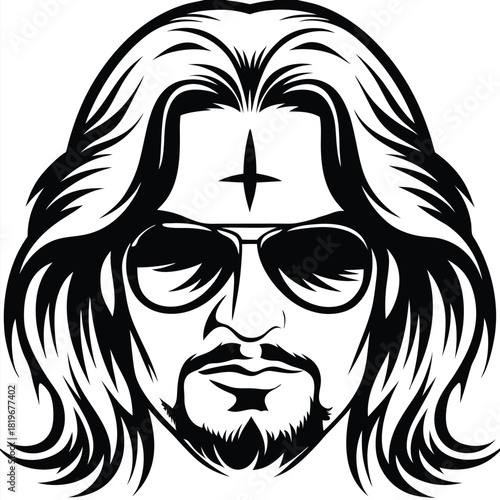 Man with long hair, beard, and sunglasses shows a cross on forehead