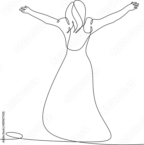 Continuous line drawing of a woman with outstretched arms. Vector illustration drawn by hand without artificial intelligence.