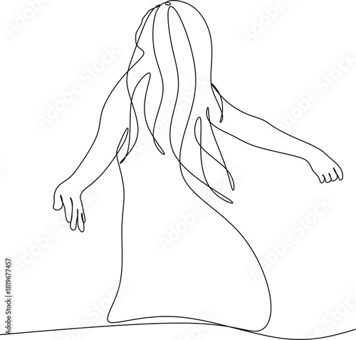 Continuous line drawing of a woman with outstretched arms. Vector illustration drawn by hand without artificial intelligence.