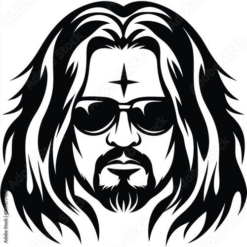 Black depicts bearded man with long hair wearing sunglasses and forehead cross