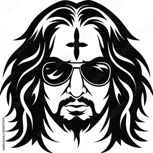 Black and white drawing shows a cool man with sunglasses and long hair