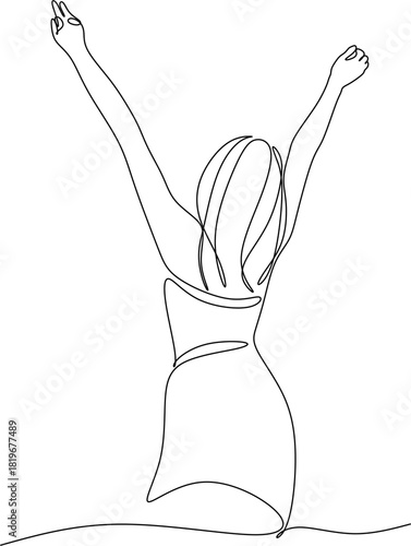 Continuous line drawing of a woman with outstretched arms. Vector illustration drawn by hand without artificial intelligence.