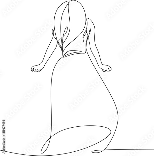 Continuous line drawing of a woman with outstretched arms. Vector illustration drawn by hand without artificial intelligence.
