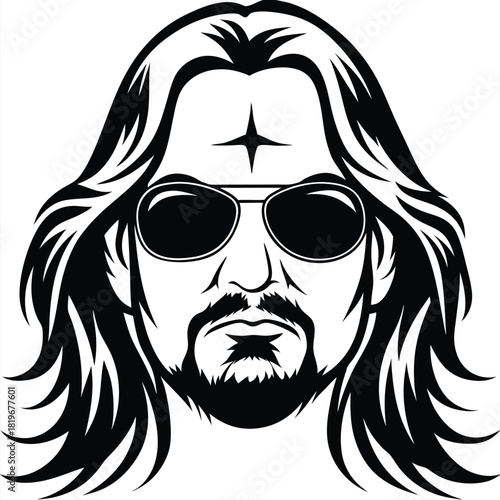 Black stylized icon of a longhaired man with sunglasses shows retro vibes