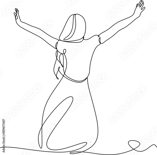 Continuous line drawing of a woman with outstretched arms. Vector illustration drawn by hand without artificial intelligence.
