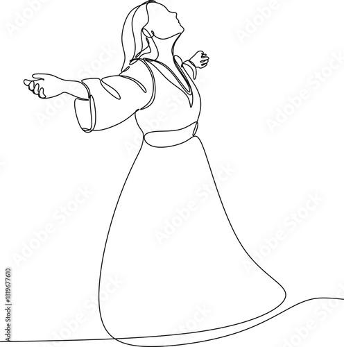 Continuous line drawing of a woman with outstretched arms. Vector illustration drawn by hand without artificial intelligence.