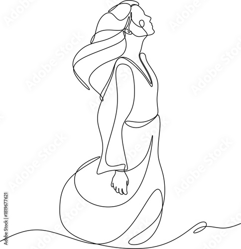 Continuous line drawing of a woman with outstretched arms. Vector illustration drawn by hand without artificial intelligence.