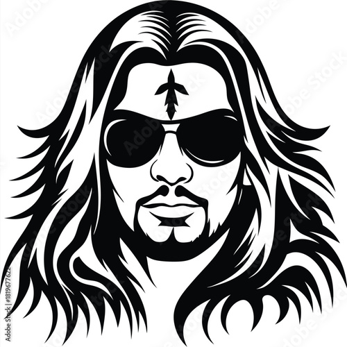 face of handsome bearded man with long flowing hair wearing sunglasses