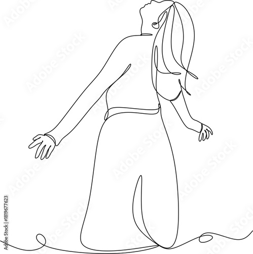 Continuous line drawing of a woman with outstretched arms. Vector illustration drawn by hand without artificial intelligence.