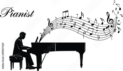 Pianist silhouette playing music, elegant black and white design, musical notes flow, classical performance art, flat vector illustration