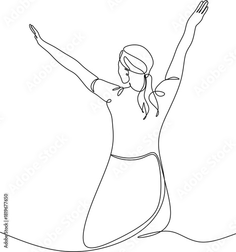 Continuous line drawing of a woman with outstretched arms. Vector illustration drawn by hand without artificial intelligence.