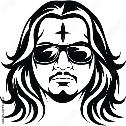 Contemplative man with sunglasses and long hair showcases his bindi in black silhouette