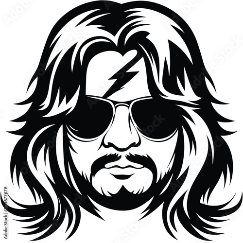 Bearded man with long hair wearing sunglasses has a lightning bolt on forehead