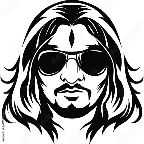 Man with flowing hair, beard, and sunglasses stares intensely in black and white