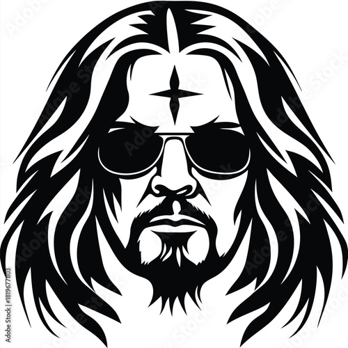 Black silhouette of a man with long hair and sunglasses looks forward intensely