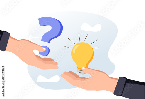 Problem solving vector illustration. Two hands hold lightbulb and question mark. Business solution. Creative mind