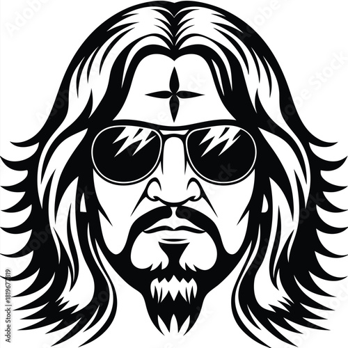 head features sunglasses, long hair, goatee, and a stylized cross above the glasses