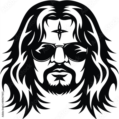 Bearded man with sunglasses and a star on his forehead looks cool