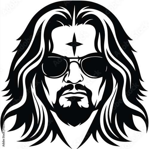 Black silhouette depicts a bearded man wearing sunglasses and possessing long hair