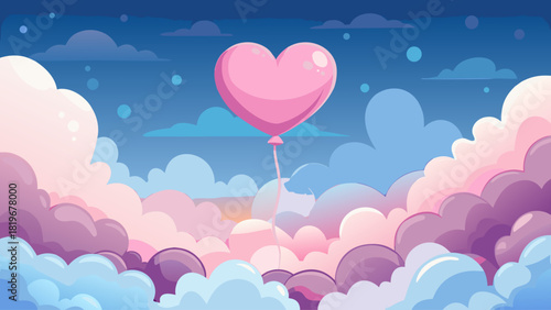 Minimal pastel scene with a floating pink heart-shaped balloon rising into a soft blue sky filled with fluffy white clouds, dreamy romantic atmosphere