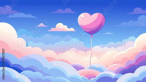 Minimal pastel scene with a floating pink heart-shaped balloon rising into a soft blue sky filled with fluffy white clouds, dreamy romantic atmosphere