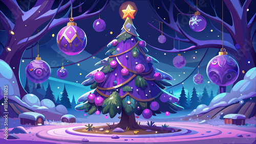 A luminous violet holiday tree covered in shimmering ornaments, shining beautifully in a dreamy winter wonderland