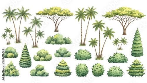 Collection of watercolor-style illustrations of various trees and bushes, including palm trees, acacia trees, cypress, and green shrubs, on a transparent background.