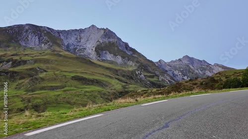 Driving up the Col du Soulor, France. Mountain pass in the Pyrenees. Part of the Tour de France and a popular spot for bird watching during the fall raptor migration.